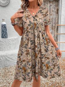 EMERY ROSE 女士花卉印花 V 领短袖休闲迷你度假连衣裙 - 卡其色 - 查看 5