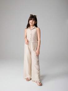 Tween Girl Solid Color Single Breasted Sleeveless Top And Wide Leg Pants 2 Pieces Set - Apricot - View 4