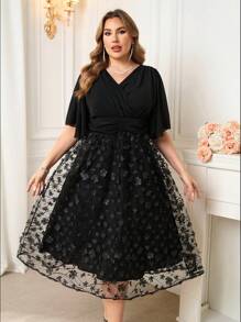 Ellevyn 大码女式黑色优雅网眼刺绣拼布中长连衣裙，夏季，女式婚礼宾客礼服，女式夏季礼服，舞会礼服，女式婚礼宾客礼服，毕业礼服，女式太阳裙，优雅派对礼服，女式黑色礼服 - 黑色 - 查看 5