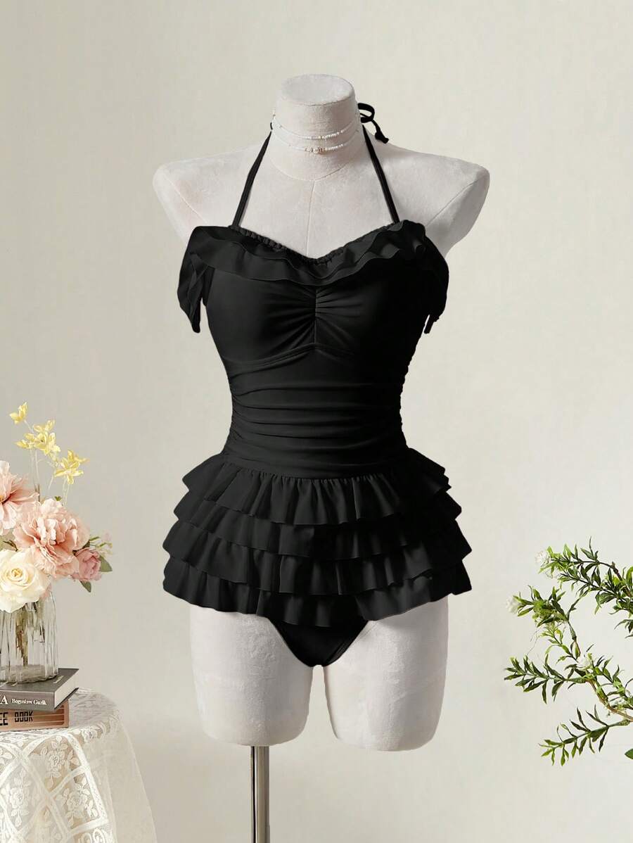 SHEIN MOD Women's Ruffled One-Piece Swimsuit With Multiple Colors,Country Concert Outfit - Black - View 1