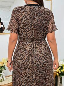 Solflare 大码豹纹网眼与撞色蕾丝 V 领连衣裙 - 彩色 - 查看 6