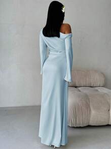 Aloruh 情人节优雅粉色纯色肩部褶皱喇叭袖超长修身美人鱼裙 - 淺藍色 - 查看 2