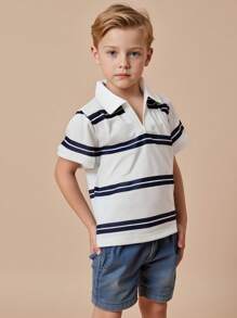 Young Boys Toddler Casual Daily Striped Polo Shirt Short Sleeve Top, Suitable For Spring/Summer Casual Outings, School, Vacation, Comfortable And Versatile