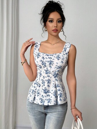 Rafferiza 面料印花无领褶皱系腰无袖女式衬衫