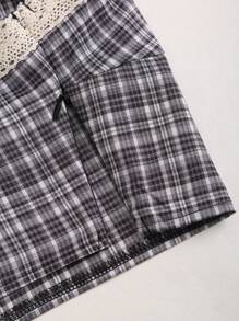 Sweetra Conjunto de 2 peças de blusa feminina com laço e acabamento em renda xadrez + saia curta com detalhe em renda xadrez e laço, elegante e elegante, ideal para primavera, verão e outono - Multicolorido - Ver 5
