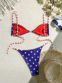 Swim Mod Bộ 2 đồ bơi in hình cờ Hoa Kỳ gợi cảm có dây đeo có thể điều chỉnh cho nữ và quần bikini hở hang cắt cao, ngày 4 tháng 7 - Nhiều màu - Xem 2