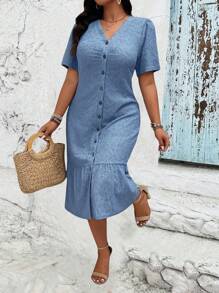 SHEIN LUNE Plus Size Women Textured Fabric Versatile Elegant Dress - Blue - View 6