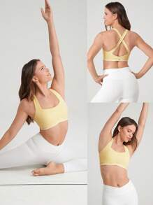 GLOWMODE FeatherFit™ X Marks The Spot Square Neck Wide Straps Crisscross Back Contrast Color Sports Bra Low Impact Yoga Pilates Daily Removable Cups Spring Summer - French Vanilla - View 8