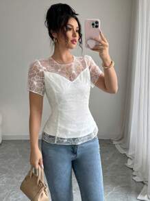 Elenzga Blusa casual corta con scollo a V, senza maniche, stile romantico in tinta unita con dettagli luccicanti, adatta per appuntamenti, feste, Pasqua, elegante stile francese, per l'estate