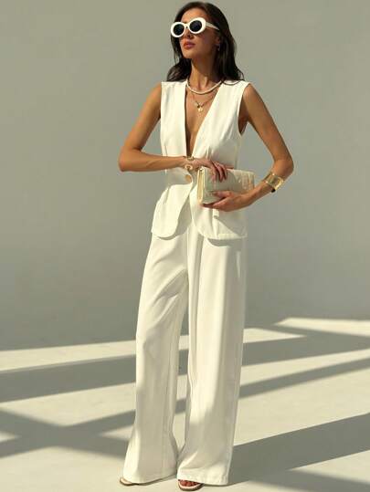 Aloruh Set de 2 piezas compuesto por chaleco y pantalones de unicolor para mujer, de estilo elegante y sencillo para uso diario, en color blanco de verano, corte ajustado