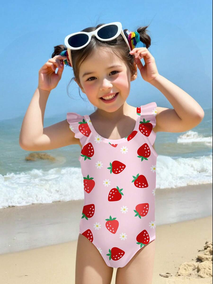 SHEIN Leap Crew Young Girl Cute Cartoon Strawberry Printed Cap Sleeve One-Piece Swimsuit, Casual Style For Spring/Summer - Multicolor - View 1