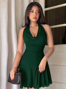 Firerie Váy ngắn màu đỏ xếp nếp cổ chữ A gợi cảm, viền bất đối xứng, trang phục dự tiệc lãng mạn thanh lịch, mùa xuân/hè - Màu xanh lá cây đậm - Xem 7