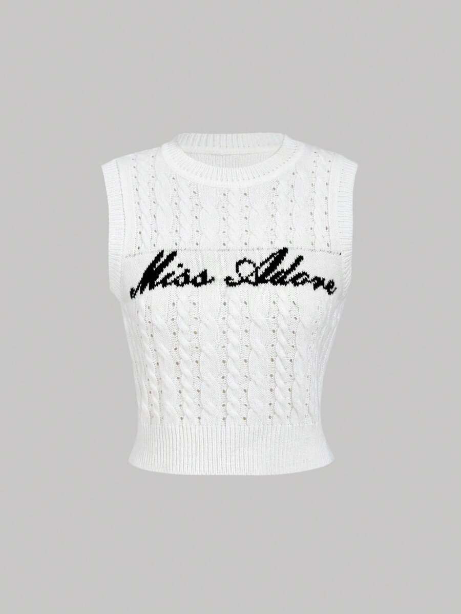 SHEIN MOD 女士无袖字母图案针织上衣、返校服装、羊毛上衣、女装、可爱羊毛背心、新年毛衣 - 白色 - 查看 1