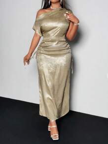 Viva Relle Plus Size Elegant Women's Iridescent Cinched Waist Asymmetric Neck Dress For Holiday Party Clothes Maxi Women Outfit - Gold - View 4