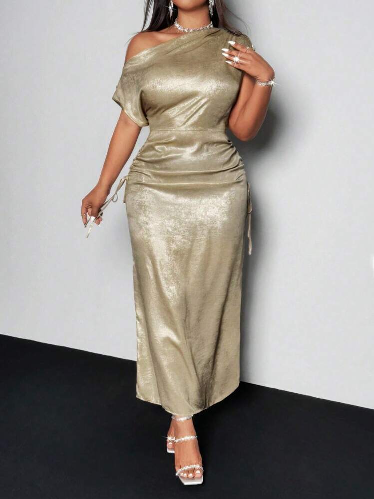 Viva Relle 大码优雅女式彩虹色收腰不对称领口连衣裙适合节日派对服装长款女式服装 - 金色 - 查看 4