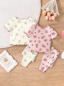 SHEIN Baby Girls 2pcs/Set Ditsy Floral Pattern Contrast Trim Home Service Clothes, Suitable For Spring & Summer - Multicolor - View 2