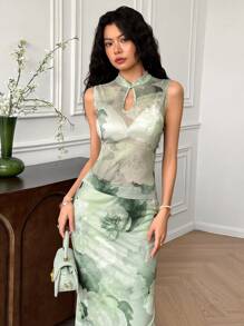 EastFlair Conjunto de 2 piezas de top transparente de mujer con estampado floral elegante y falda, para verano