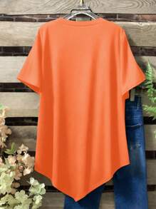 Plus Size Women's Solid Color Round Neck Short Sleeve Button Design Casual T-Shirt - Orange - View 2