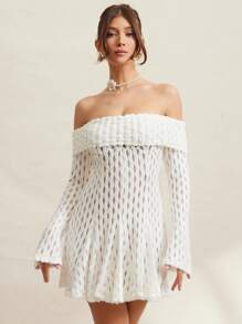 L'Amorae Elegant Knit Off Shoulder Long Sleeve Pleated Detail Vacation Mini Sun Dress, Summer Outfits For Women