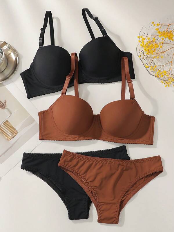4pcs Women's Bra And Underwear Set (With Underwire, Triangle Panties), 2 Sets Lingerie Suit
