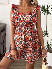SHEIN Vestido de maternidad y lactancia con estampado floral y ribete de volantes para vacaciones