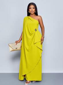 SOLERSUN 大码女式时尚纯色优雅垂坠单肩宽松长裙，配金色饰边细节不对称连衣裙，春夏，婚礼季节，无袖长裙 - 綠色 - 查看 3