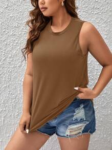 SHEIN LUNE 大码纯色圆领无袖背心，夏季 - 摩卡棕 - 查看 3