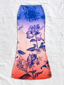 Soleia Women's Gradient Floral Print Ruched Waist A-Line Skirt For Vacation - Multicolor - View 2