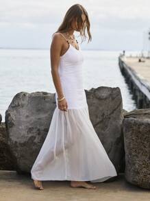 Aralina Spaghetti Strap Pleated Hem Flowy Dropped Waist Summer Maxi Dress - White - View 5
