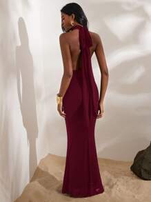 Opulessa Solid Color Knitted Halter Backless Bodycon Slit Dress For Women Dresses For Wedding Event