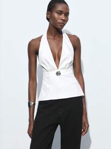 Maija Fashionable & Elegant Business Casual Sleeveless Suit Vest For Women, With Seashell Metal Buckle Design On Waist, Suitable For Graduation, Brunch, Wedding, Daily, Easter, Music Festival, Open Back