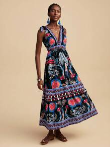 Travachic 夏季外出度假约会连衣裙，度假女士V领蝴蝶结收腰摆波西米亚风长裙，度假夏季沙滩裙，返校连衣裙，非常简约连衣裙，办公室连衣裙，老款连衣裙，教师连衣裙，约会连衣裙，外出参加婚礼季节闺蜜下午茶派对度假连衣裙，外出参加音乐节连衣裙 - 彩色 - 查看 4