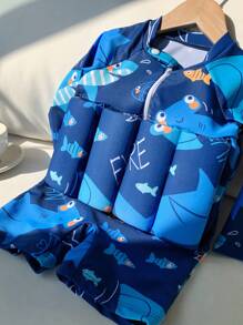 SHEIN Baby Boys/Girls Blue Cartoon Dinosaur Print Soft Knitted Round Neck Long Sleeve Buoyancy Swimsuit, Suitable For Beach, Swimming Pool, And Vacation