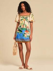 Travachic 女士假日棕榈树印花方领泡泡袖迷你连衣裙、女士夏季服装、女士沙滩装、女士西部装、女士演唱会服装、波西米亚风、热带度假、女士波西米亚风连衣裙、女士热带风连衣裙、女士连衣裙、新款度假女士连衣裙、女士度假服装