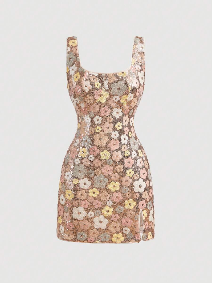 SHEIN MOD 女士粉色亮片刺绣浪漫派对迷你连衣裙 - 粉色 - 查看 1