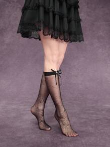 ROMWE Kawaii 1 Pair Women's Ballet Style Satin Ribbon Bow Floral Rhinestone Decor Ice Silk Stockings, All Season - Black - View 3