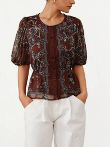 Frievida 优雅圆领碎花修身奢华女式衬衫 - 棕色 - 查看 6