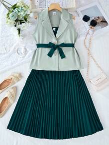 SHEIN Tween Girls Elegant Solid Color Pleated Camisole Dress Two Pieces Set - Dark Green - View 8
