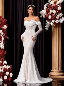 Glamrae Vestido de novia de cola de sirena con hombros descubiertos y encaje, con tren, para la novia