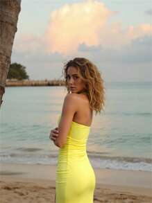 INAWLY Women's Solid Color Bandeau U-Shaped Buckle Design Sexy Bodycon Dress - Yellow - View 2