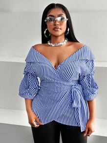 Maweii Plus Size Summer Fashionable Striped Tie-Front Wrap Shirt