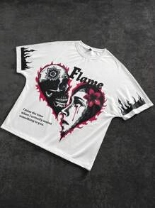 Manfinity EMRG Young Street Style For Men, Versatile INS Item: Oversized Split Love Skull Portrait Flame Graffiti Illustration. Short Loose White Short Sleeve Raglan Sleeve T-Shirt With Oversized Letter Pattern Print On The Front. Versatile, Suitable For Sportswear, Back To School Wear And Boyfriend Gift. Streetwear, Y2k Men