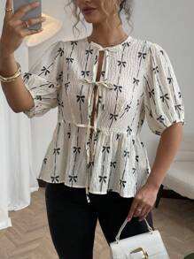 Sunnyshic Plus Size Spring/Summer Romantic Bow Accent Puff Sleeve Tie Front Blouse - Black and White - View 9