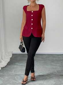 Elenzga Plus Size Women Square Neck Sleeveless Lightweight Blazer, Elegant For Commuting - Burgundy - View 4