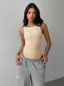SHEIN BASICS Women's Casual Apricot Knitted Bodysuit With Scoop Neck And Backless Design - Apricot - View 4