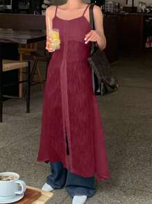 DAZY 女士纹理面料长款白色吊带背心，春夏 - 酒紅色 - 查看 3