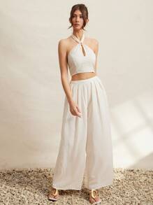 L'Amorae Elegant Summer Vacation Halter Neck Rhinestone Bohemian Smocked Cropped Top, Summer For Women - Apricot - View 5