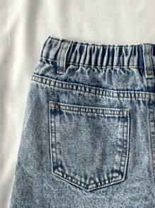SHEIN Quần Jeans Jeans Rách Viền Tween Girls Y2K Casual Xuân Hè Boho, Quần Short Denim Cho Bé Gái, Quần Short Denim Cho Bé Gái Mùa Hè, Quần Short Denim Cho Bé Gái Mùa Xuân Và Mùa Hè Thường Ngày Nghỉ Mát Phong Cách Đồng Quê Boho, Quần Short Denim Cho Bé Gái, Quần Short Denim Cho Lễ Hội Rave - Rửa nhẹ - Xem 5