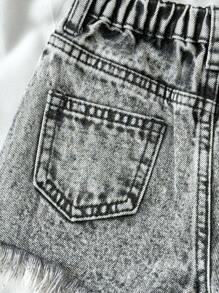 SHEIN Young Girls Grey Denim Ripped Frayed Hem Short Shorts For Summer Casual Wear - Grey - View 4