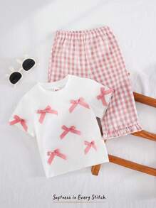 Cozy Pixies 2pcs Baby Girl 3D Bow Knit Soft Round Neck Short Sleeve Pullover Top And Elastic Waist Pants Set - Multicolor - View 8